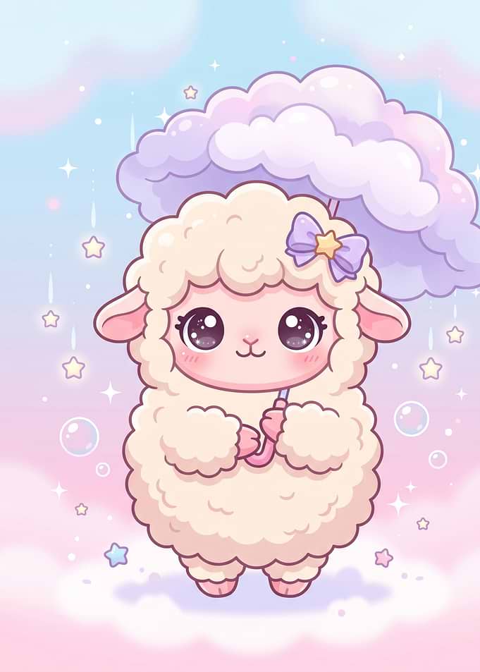 Cute Kawaii Sheep with Cloud Umbrella