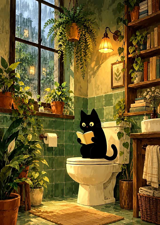 Black Cat Reading on Toilet