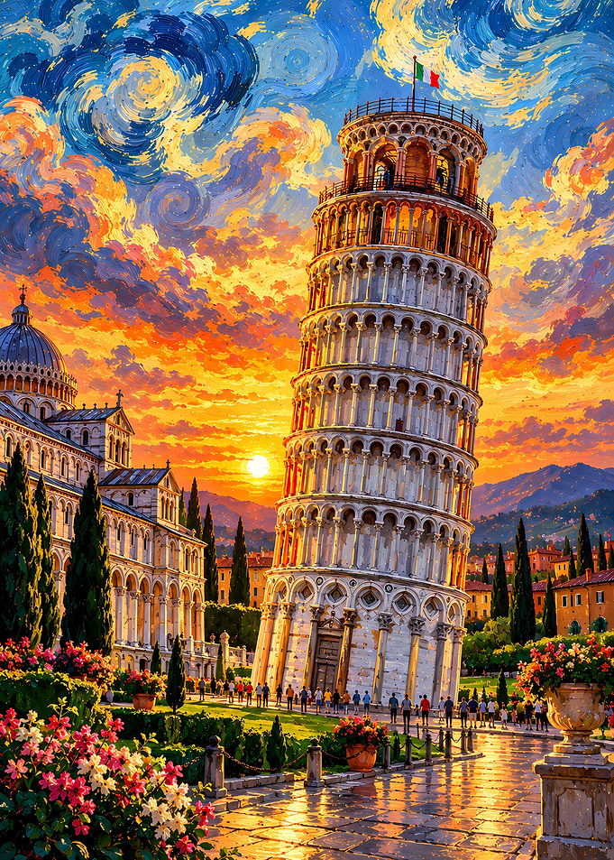 Leaning Tower of Pisa Sunset Painting