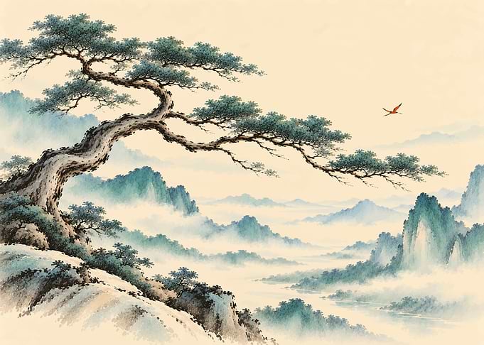 Traditional Chinese Landscape Painting with Pine