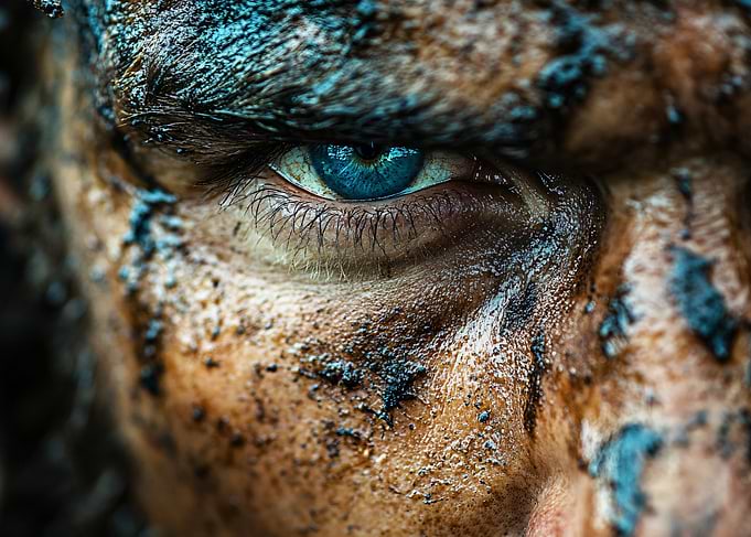 Intense Blue Eye Covered in Mud