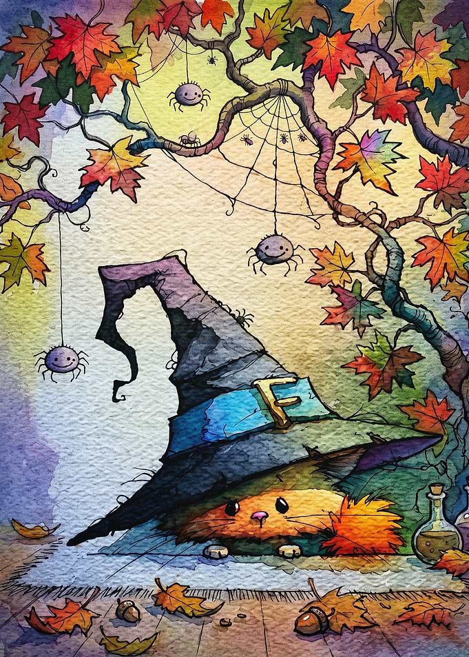 Cat Witch Hat Watercolor Fantasy Ar