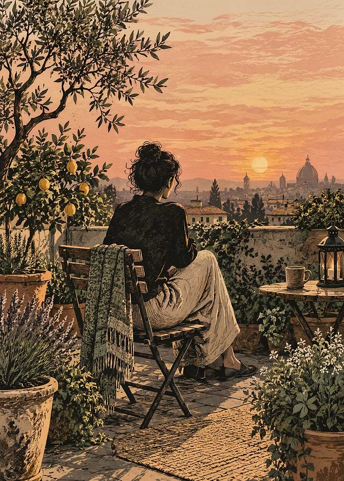 The Lemon Lady Watching Sunset Over Italian City