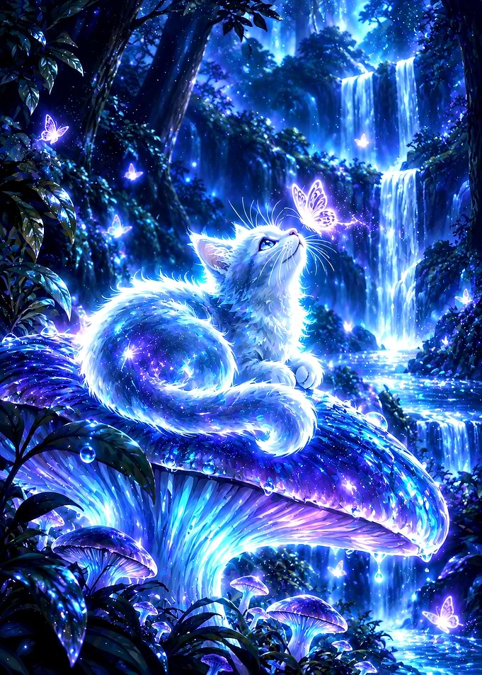 Glowing Cat on Enchanted Mushroom