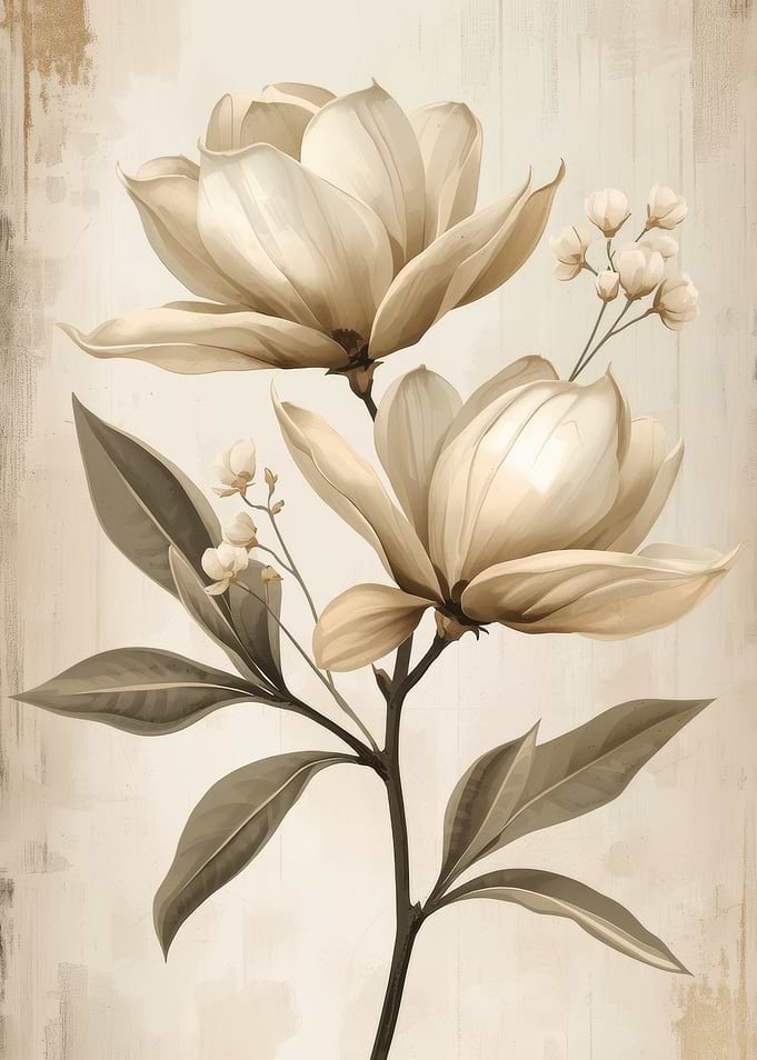 Elegant Sepia Magnolia Botanical Illustration