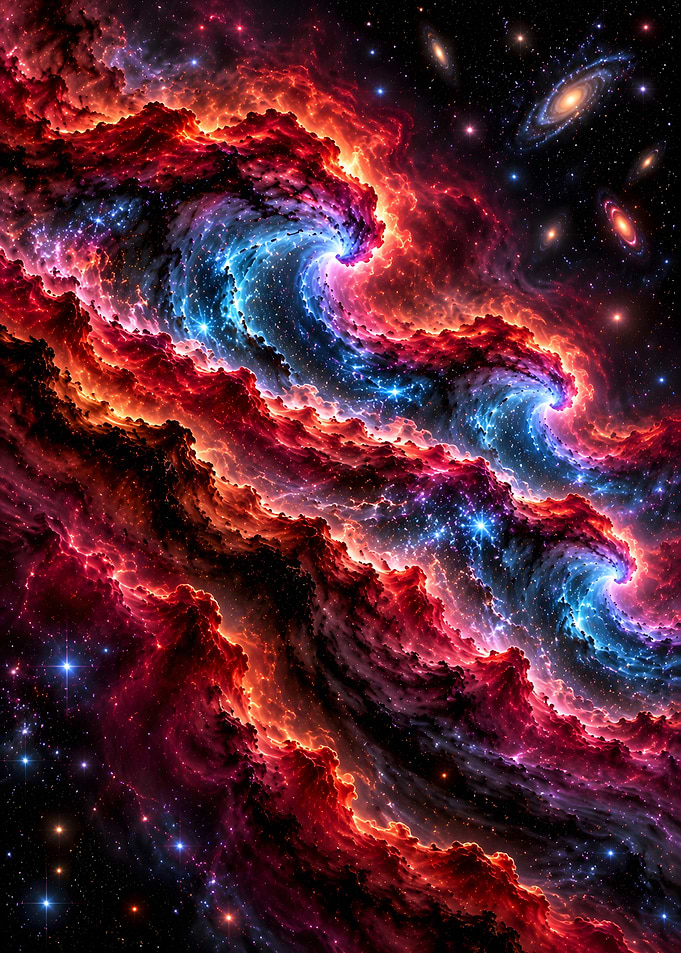 Vibrant Cosmic Nebula and Spiral Galaxies