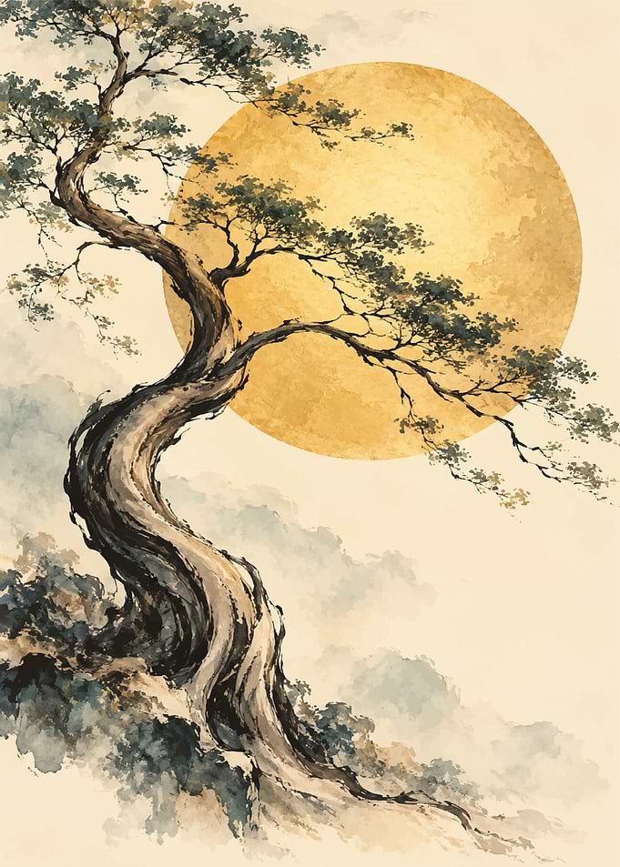 Traditional Japanese Pine Tree and Moon