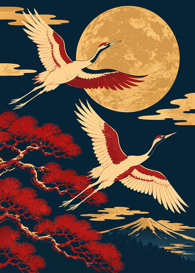 Japanese Cranes Flying Under Full Moon