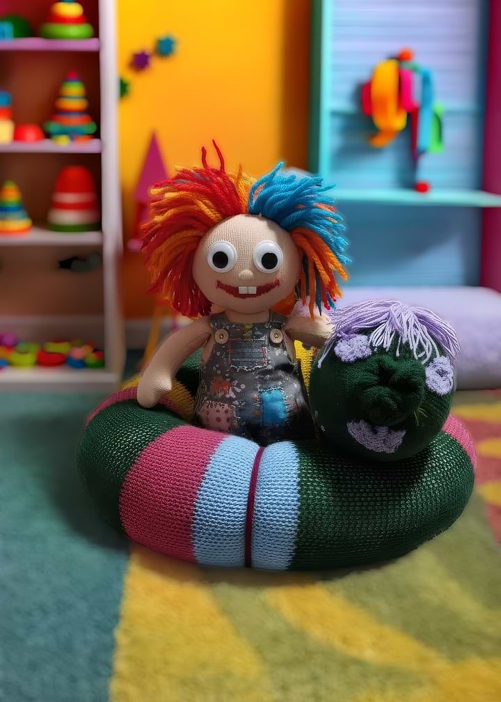 Handmade Clown Doll with Giant Knitted Snake – Unique Crochet Art Toy.