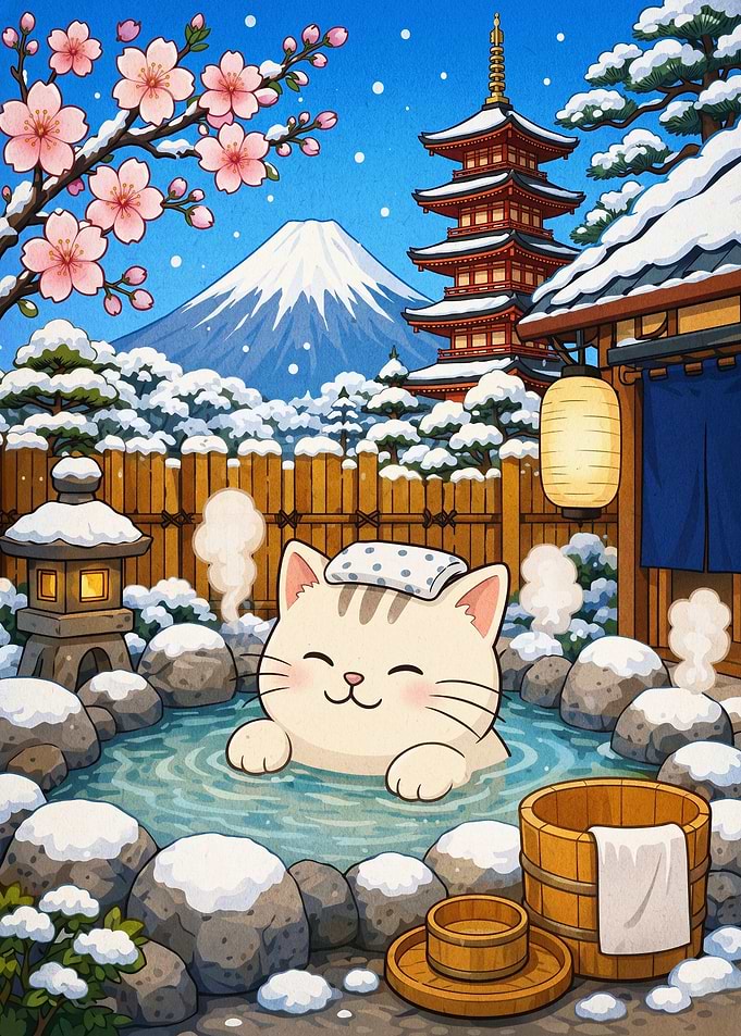 Cat Hot Spring Japan Anime Art