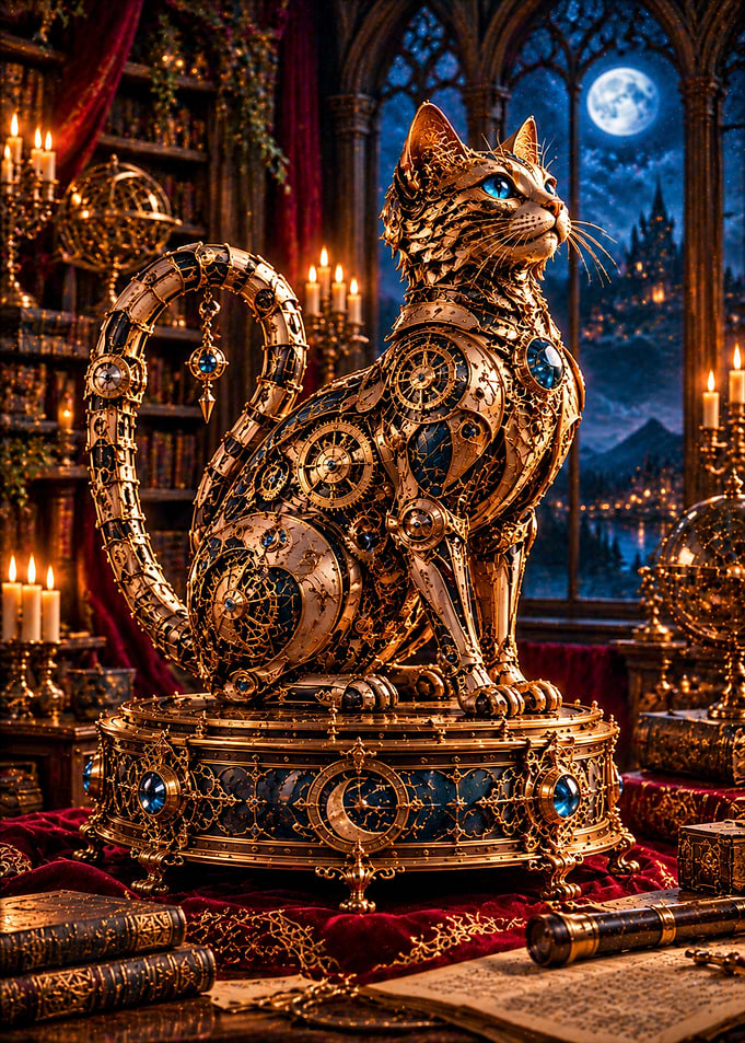 Steampunk Mechanical Cat Statue