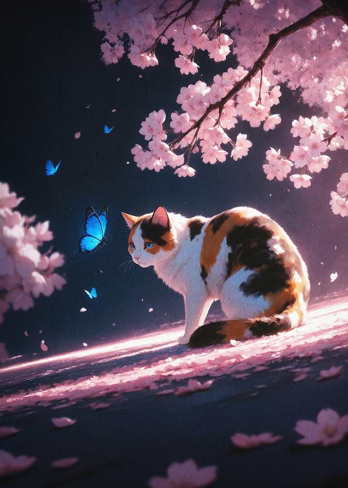 Calico Cat Cherry Blossom Fantasy A