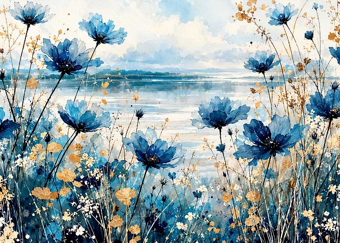 Blue and Gold Floral Landscape Painting