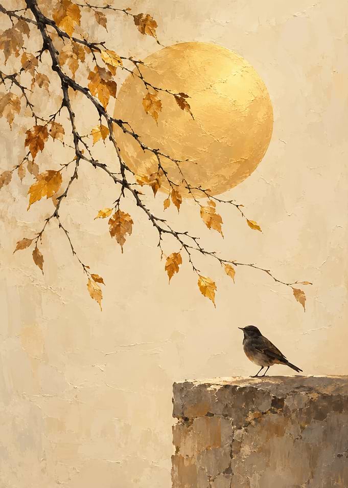 Bird Perched Under Golden Moon