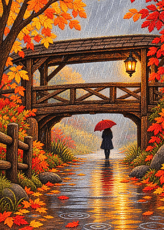 Autumn Rain Under a Wooden Bridge