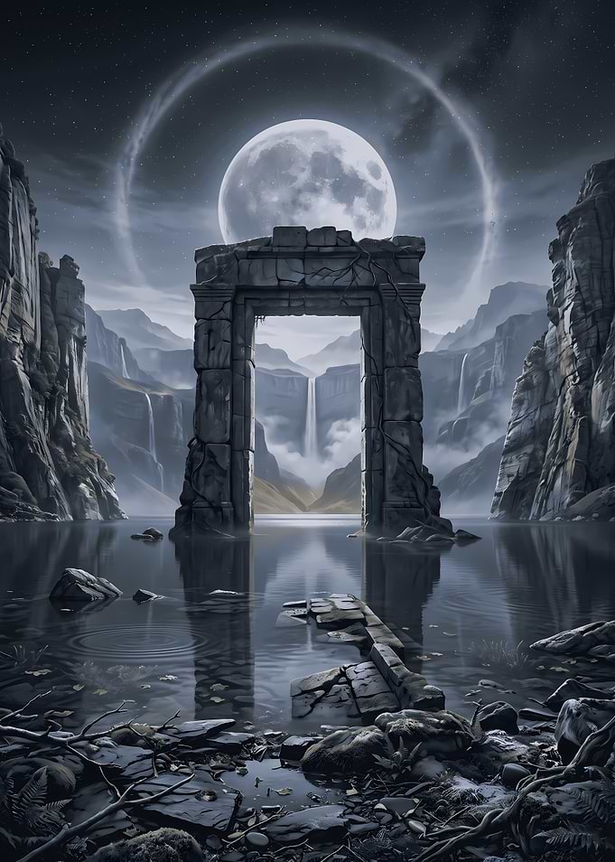 Ancient Stone Portal Under Moonlight