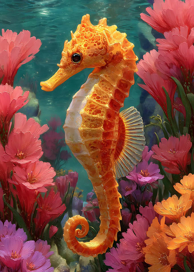 Vibrant Orange Seahorse Among Flowers