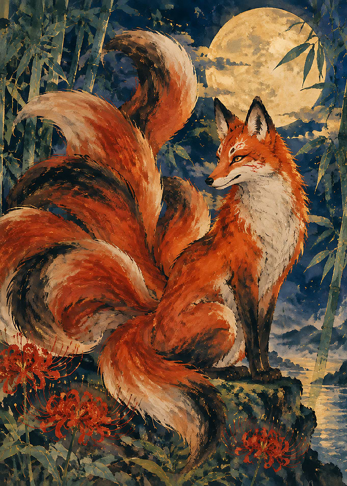 Nine-Tailed Fox Under Full Moon