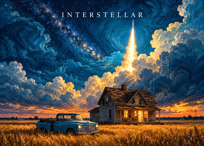 Interstellar Rocket Launch Over Farmhouse