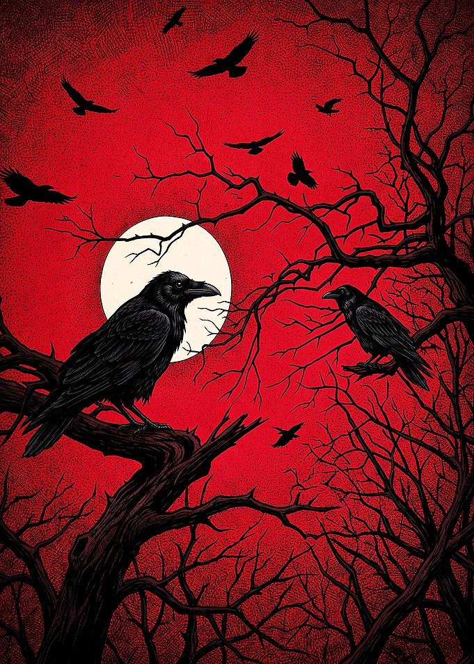 Ravens Perched Under Red Moon