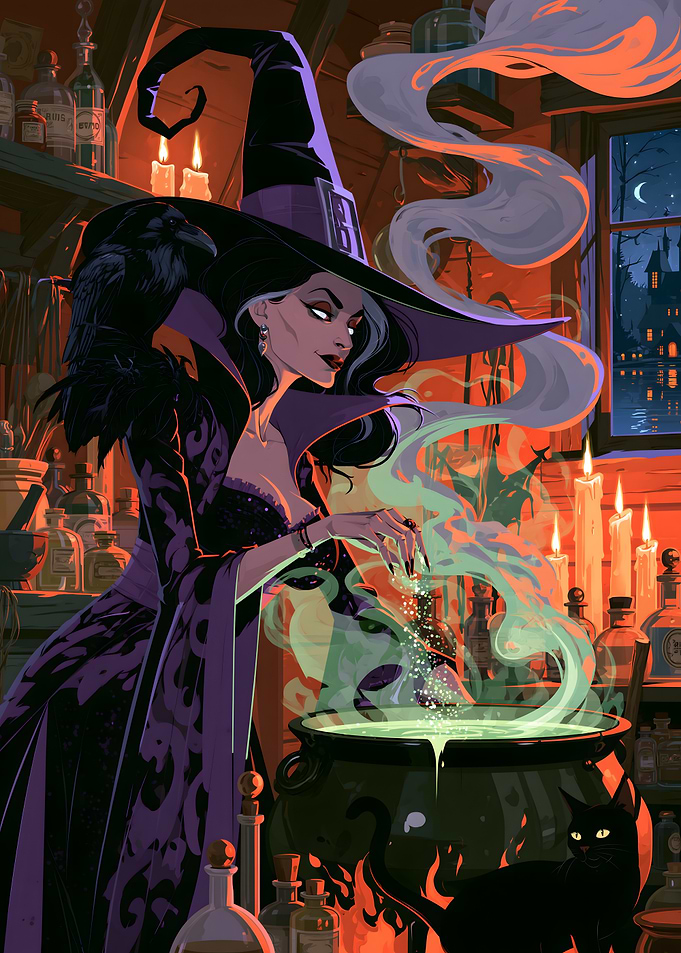 Witch Brewing Potion in Dark Workshop