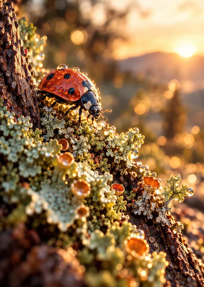 Ladybug on Mossy Tree at Sunset