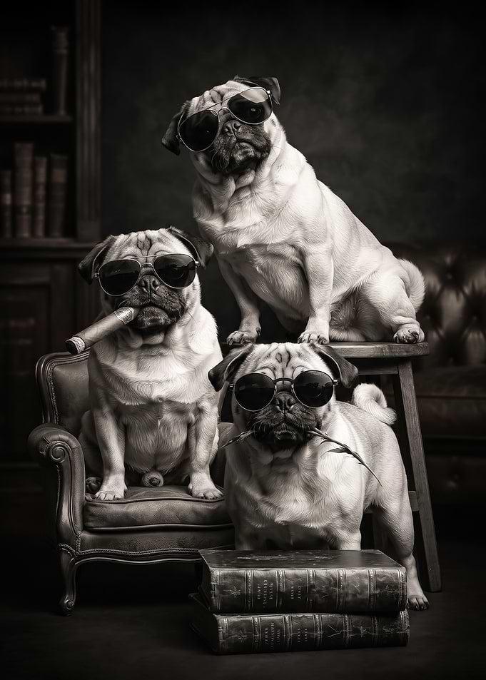 Three Cool funny Pugs in Vintage Study poster