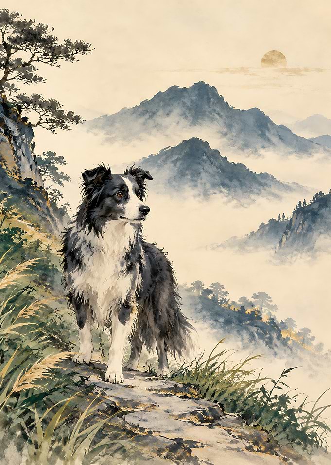Border Collie in Misty Mountains