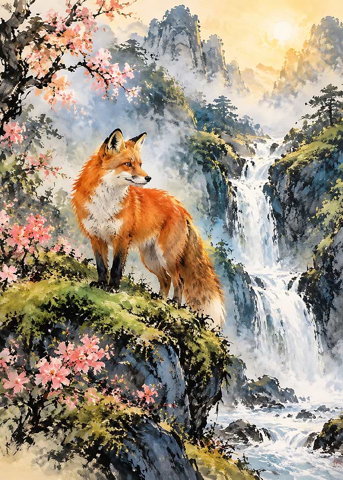 Fox Standing by Mountain Waterfall