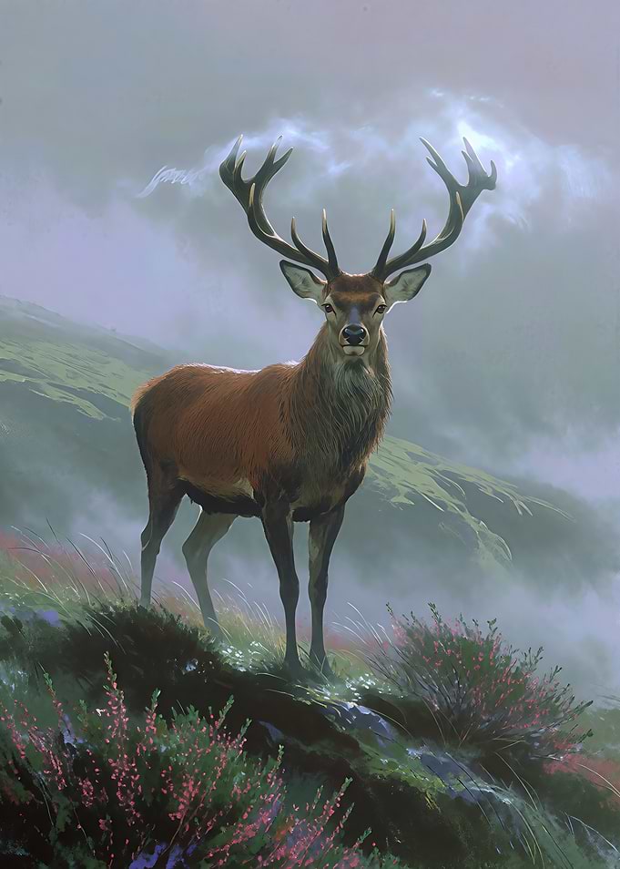 Majestic Red Deer in Misty Highlands