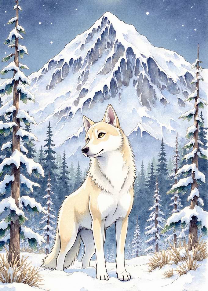 Majestic Wolf in Snowy Mountain Landscape