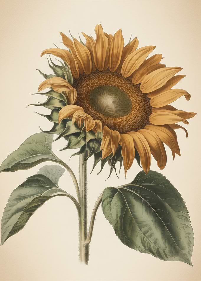 Vintage Botanical Sunflower Illustration with Detailed Leaves and Golden Petals
