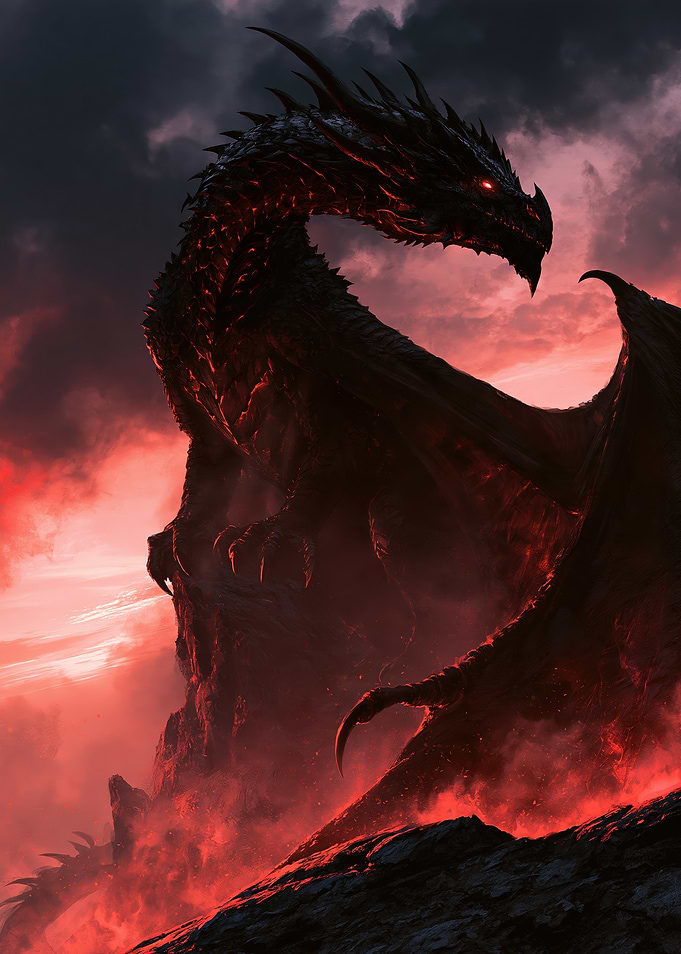 Dark Dragon in Fiery Sky