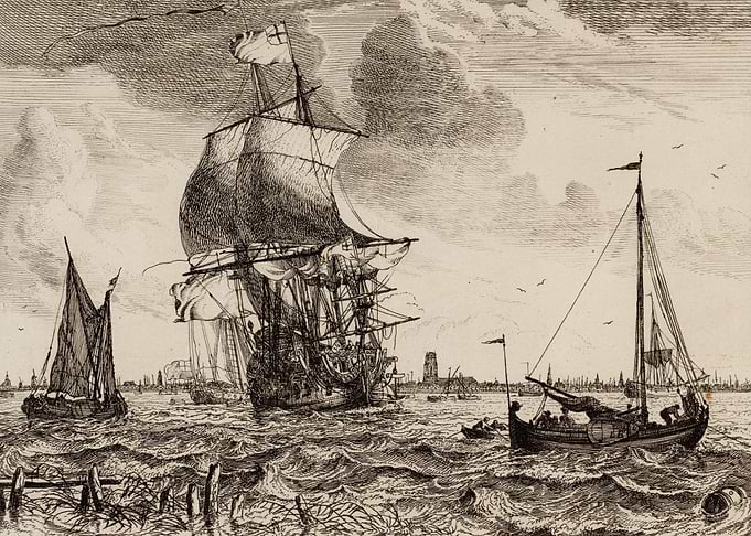 Vintage Etching of Dutch Sailing Ships - Ludolf Bakhuizen