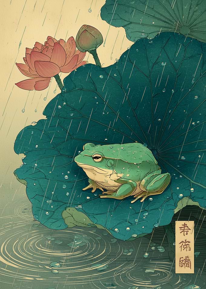 Frog on Lotus Leaf in Rain