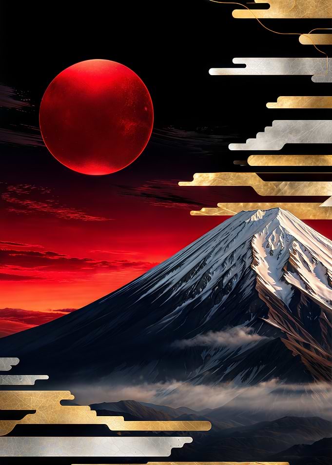 Crimson Moon Over Mount Fuji