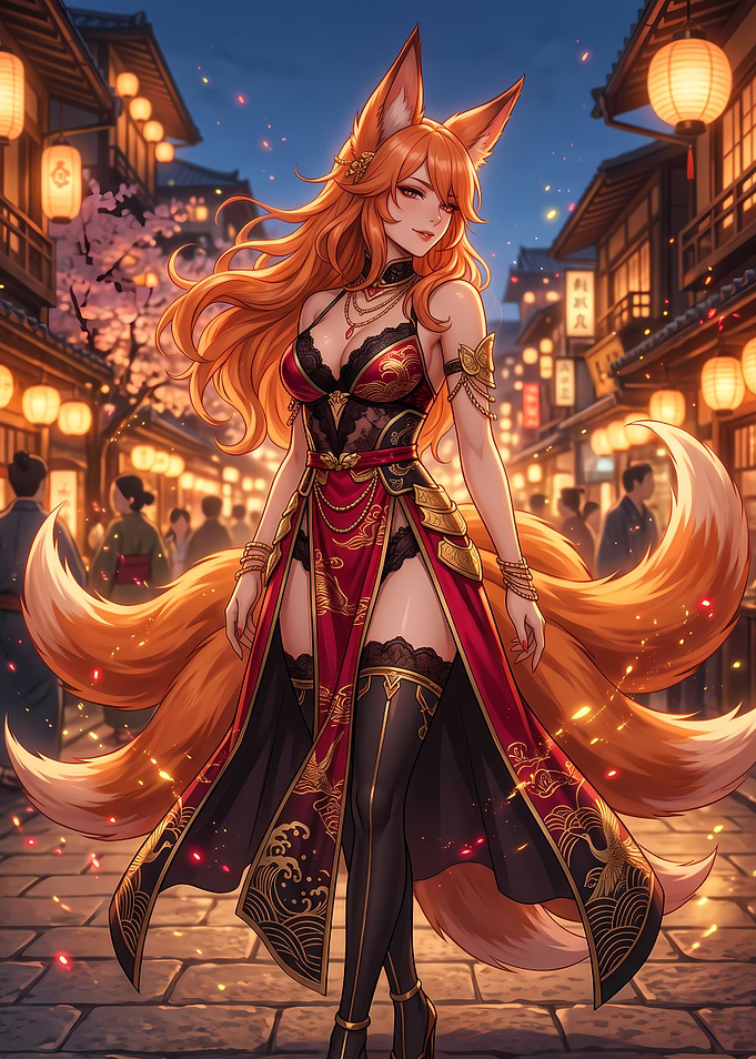Kitsune Woman in Traditional Street Market