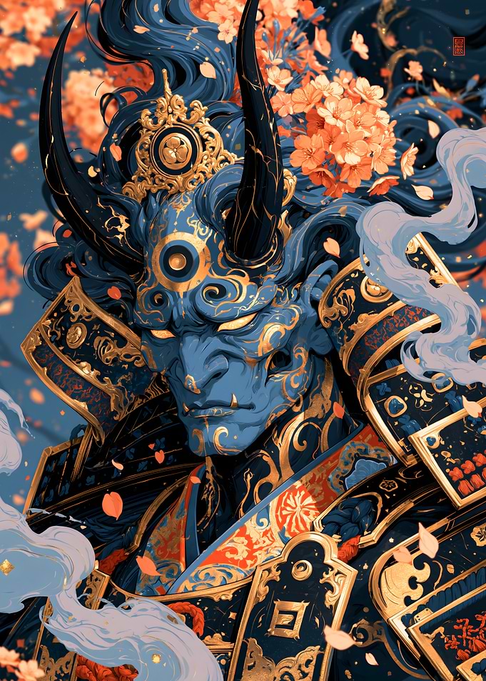 Blue Oni Demon Samurai with Cherry Blossoms