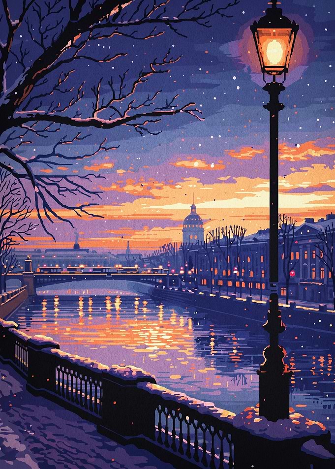 Paris Winter Dusk Street Light Art