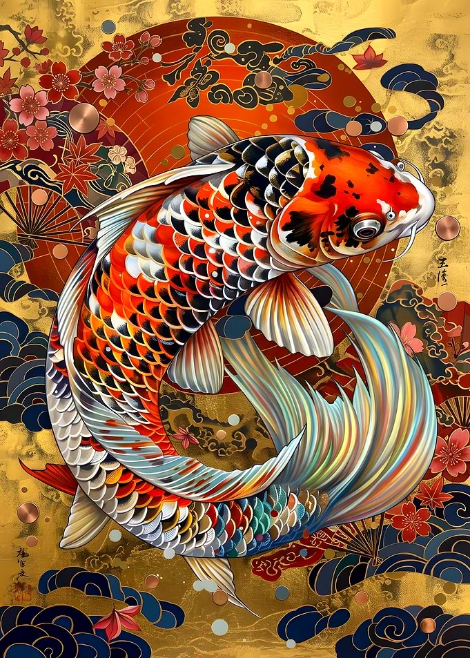 Golden Koi Fish Japanese Art