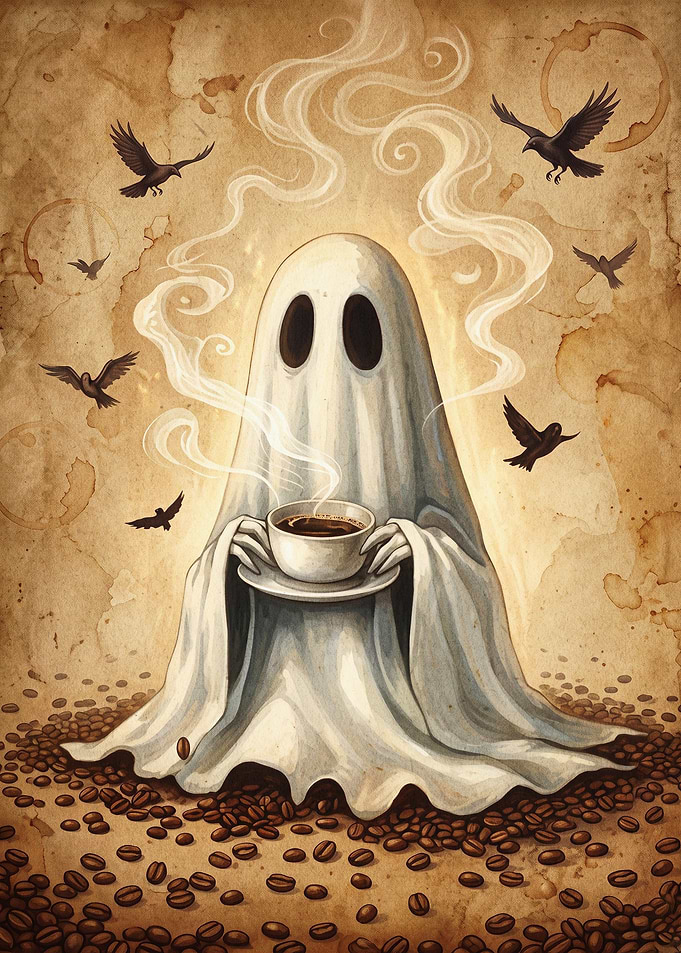 Ghost Drinking Coffee Vintage Art