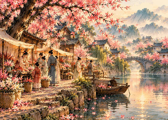 Traditional Asian Village Cherry Blossom Scene