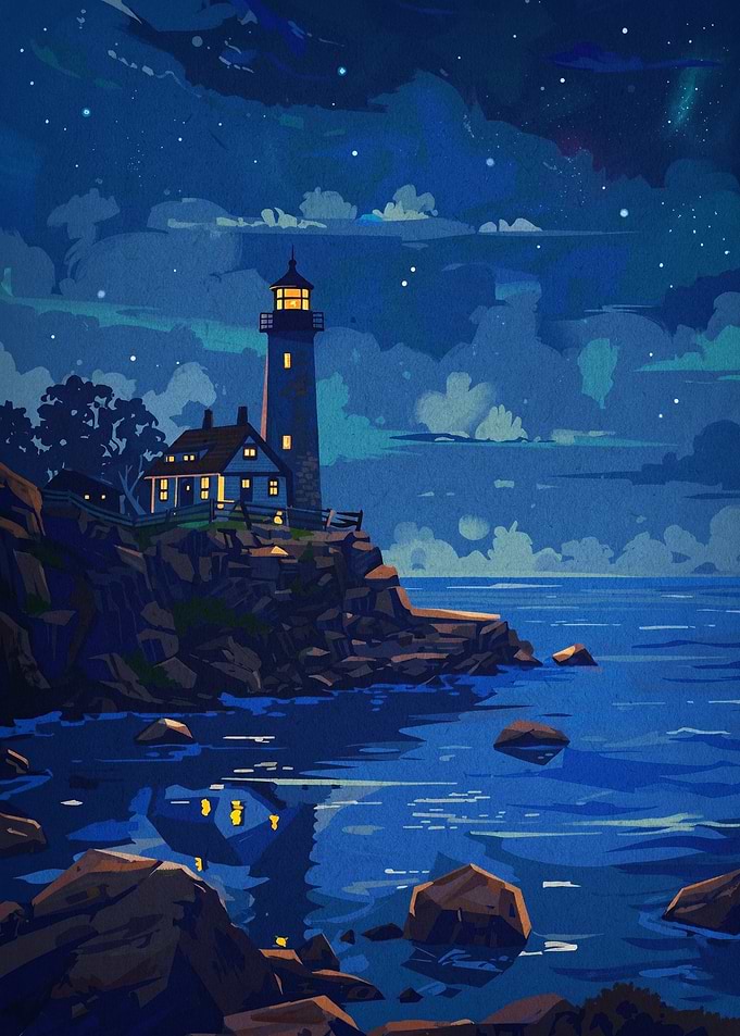 Lighthouse Night Sky Coastal Poster
