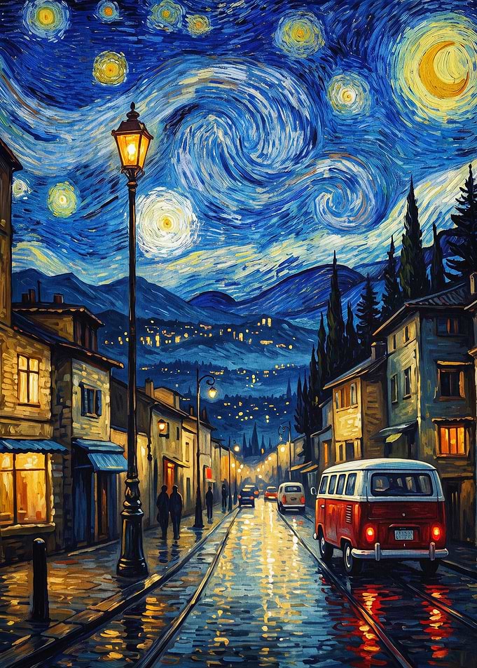 Starry Night Town Street Van Art