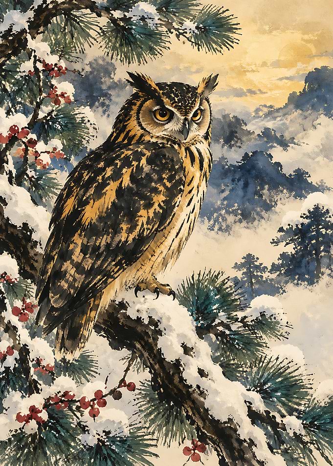 Great Horned Owl in Snowy Pine
