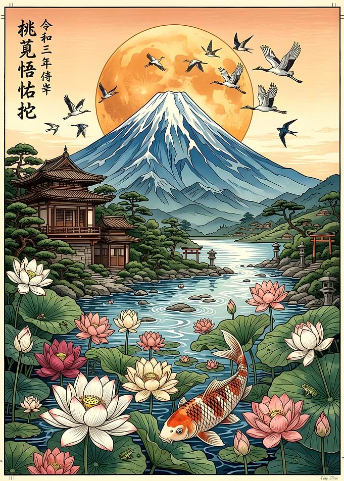 Mount Fuji and Koi Pond Art