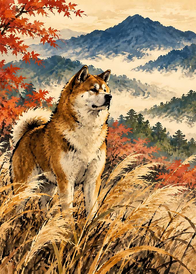 Akita Dog in Autumn Landscape