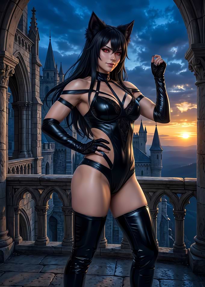 Cat-eared woman in black latex