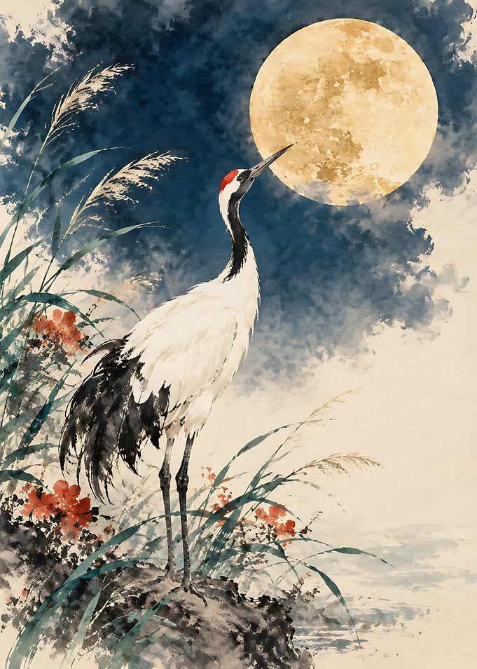 Red-Crowned Crane Under Full Moon