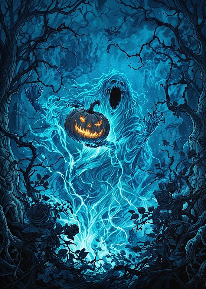 Ghost Pumpkin Scary Blue Art Poster